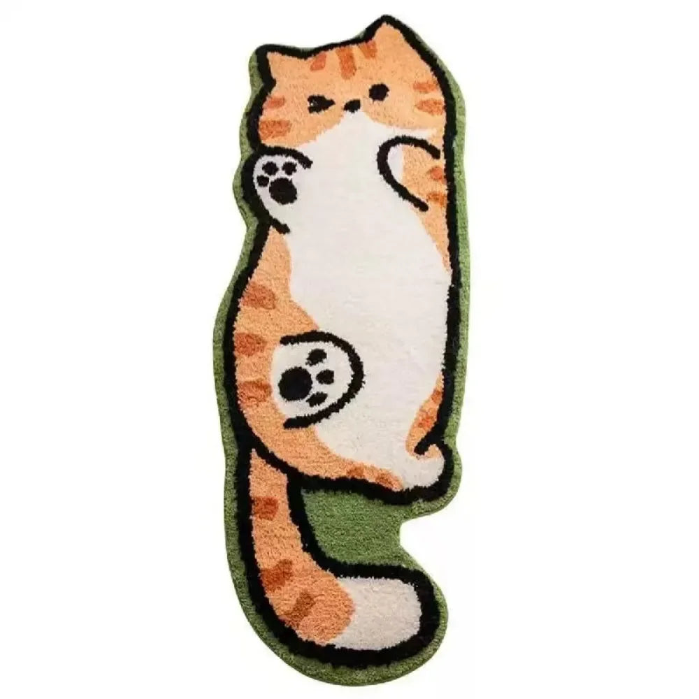 A plush rug shaped like an orange and white cartoon cat