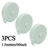 Three light green retractable double-sided measurement tapes, 1.5 meters long.