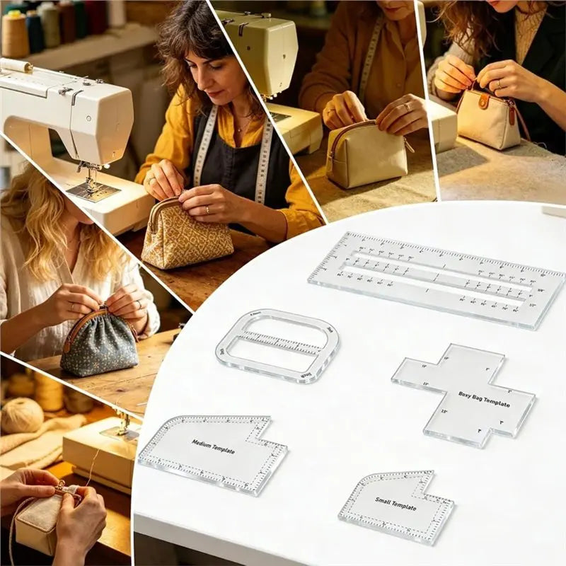 A close-up of a DIY sewing pattern set for bag making showing various templates and finished bags.