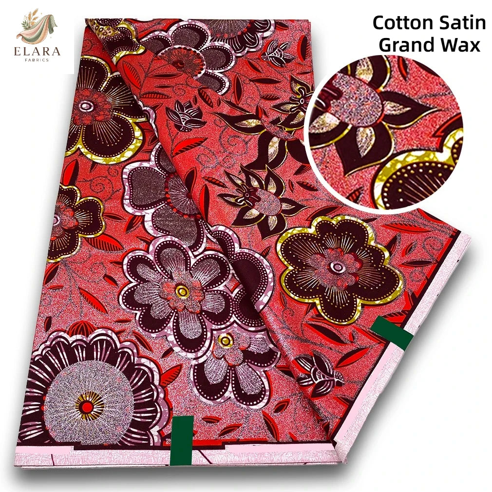 Red and maroon cotton satin grand wax print fabric with floral patterns