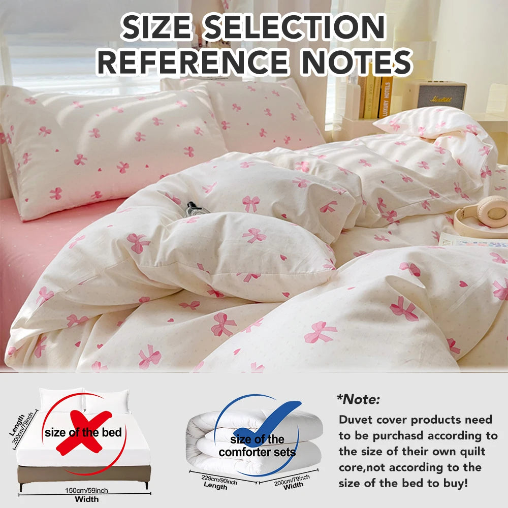 Reference notes for size selection of a pink bow printed duvet cover set.