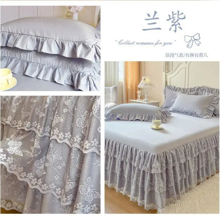 Gray lace ruffled bed skirt set with delicate floral embroidery