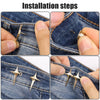 Installation steps showing how to attach adjustable star-shaped jean buttons onto denim fabric.