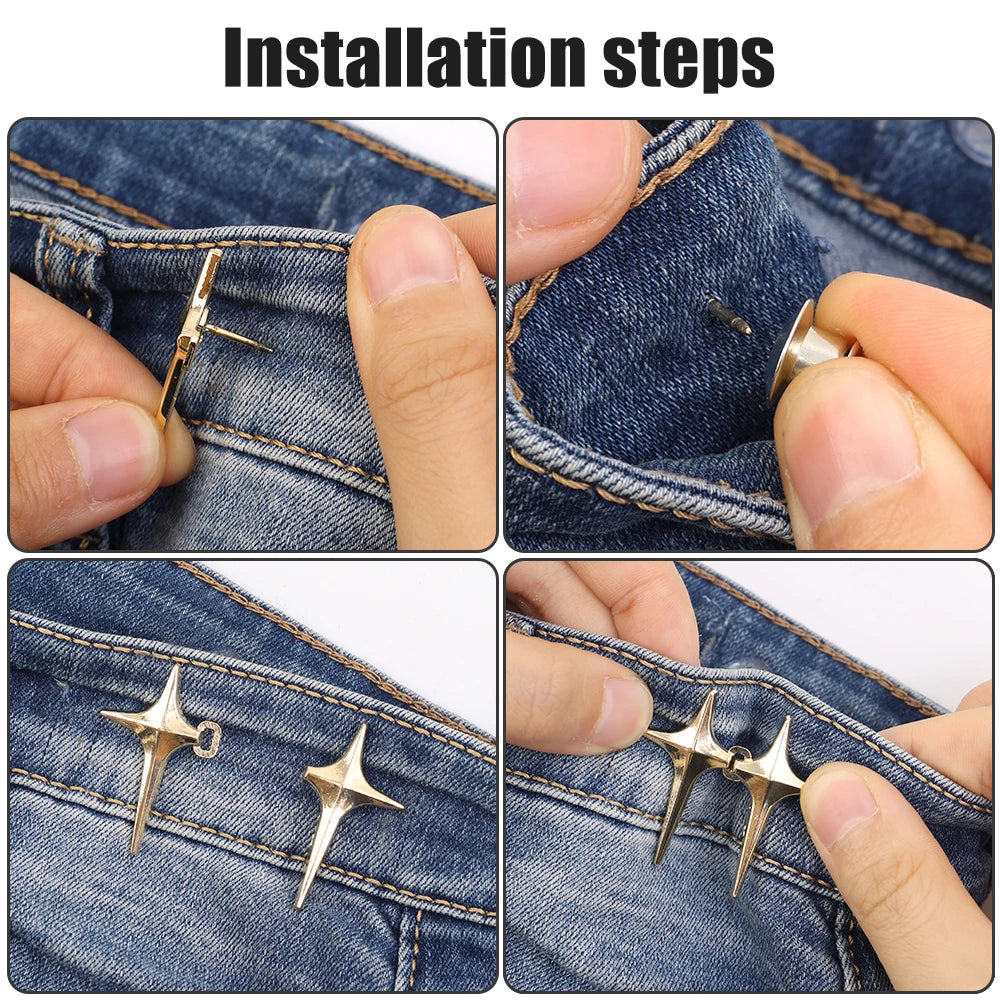 Installation steps showing how to attach adjustable star-shaped jean buttons onto denim fabric.