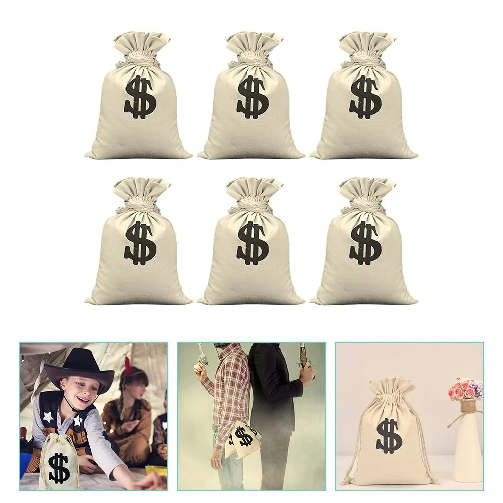A set of money sign drawstring cotton gift bags in beige and black for parties and cosplay