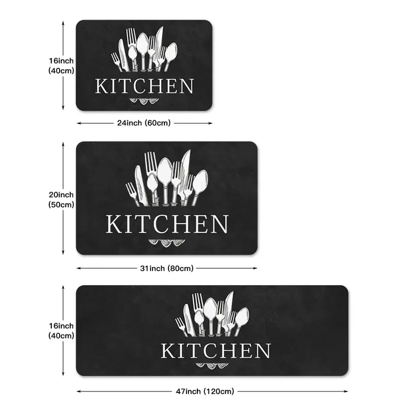 A set of black non-slip oil-proof floor mats for home and car, shown in various sizes.