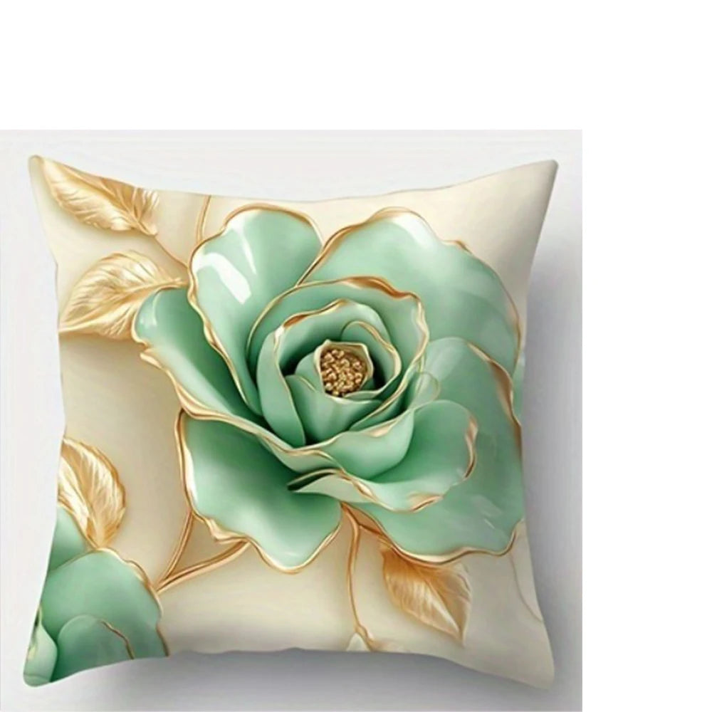 A decorative pillowcase featuring a large, light green rose print with gold leaf accents on a cream background.