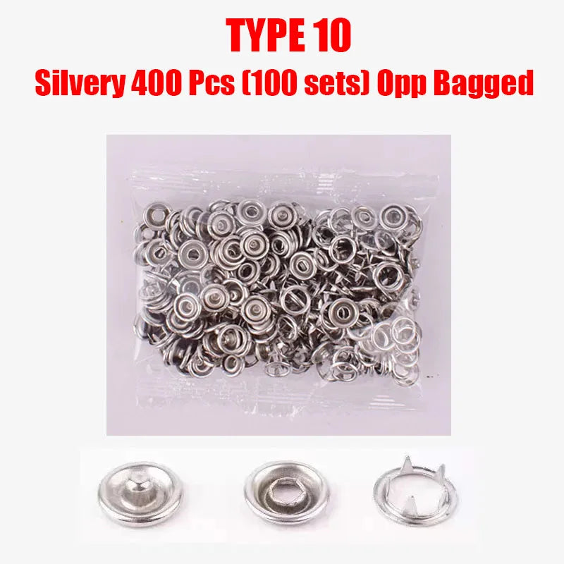 Silvery 400 pieces of Type 10 Opp Bagged metal prong snap button fasteners set