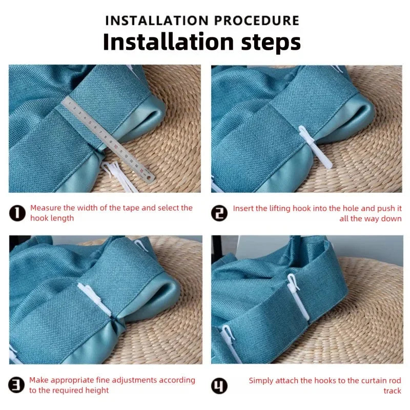 Installation steps showing how to attach curtain hanging hooks to a rod track