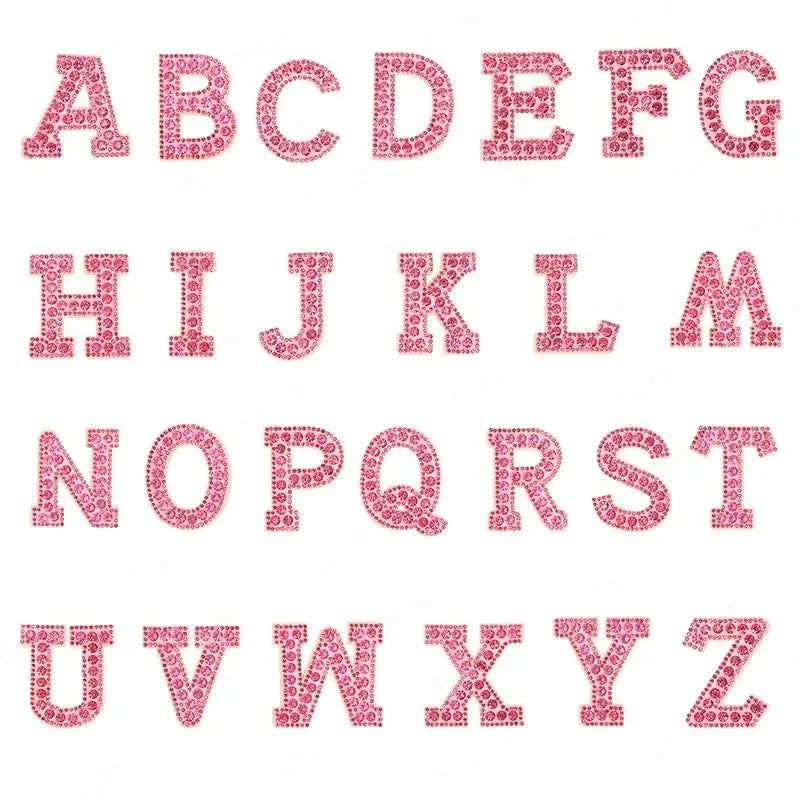 A set of pink pearl rhinestone letter patches for DIY, showing the alphabet from A to Z.