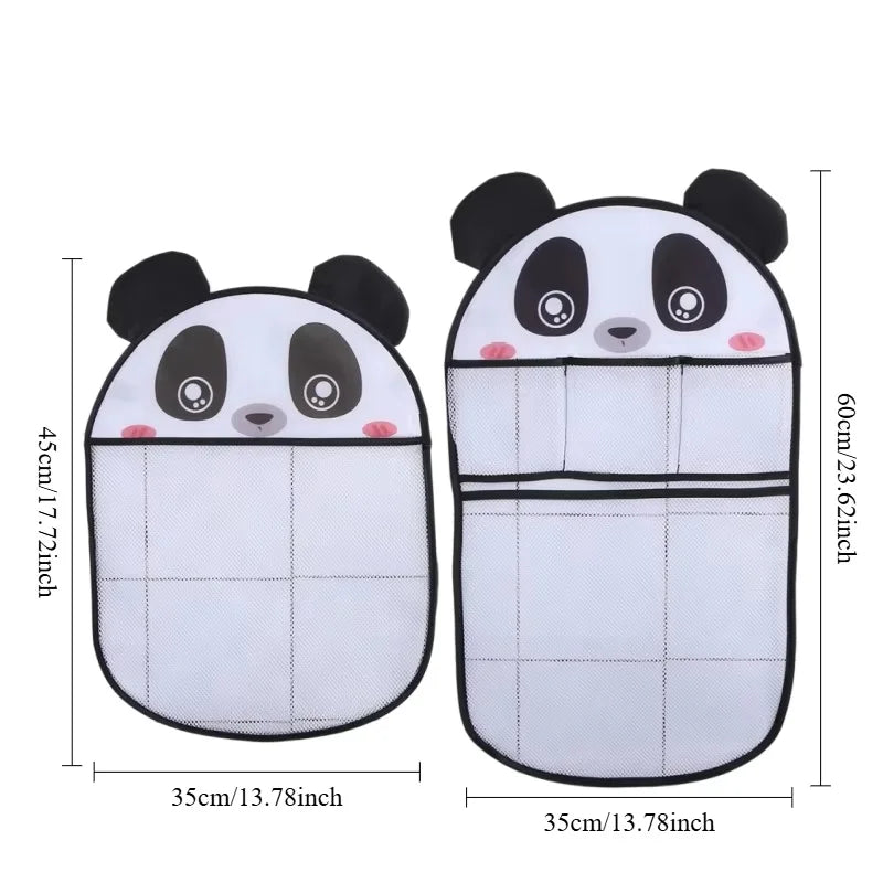 A pair of black and white panda-themed mesh storage bags for baby bath organization