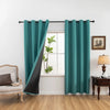 Solid teal blackout privacy curtains hanging in a window frame with a potted plant visible.