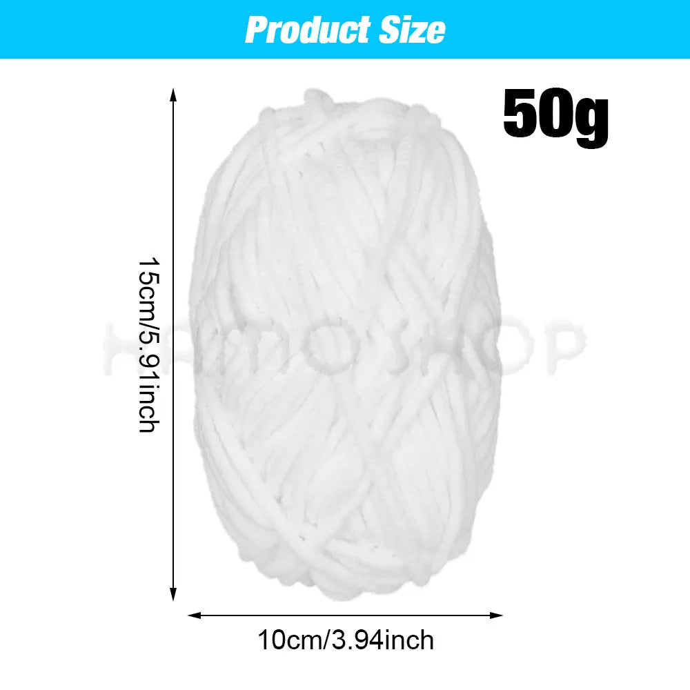 A ball of white soft velvet chenille yarn measuring 15cm long and weighing 50g.