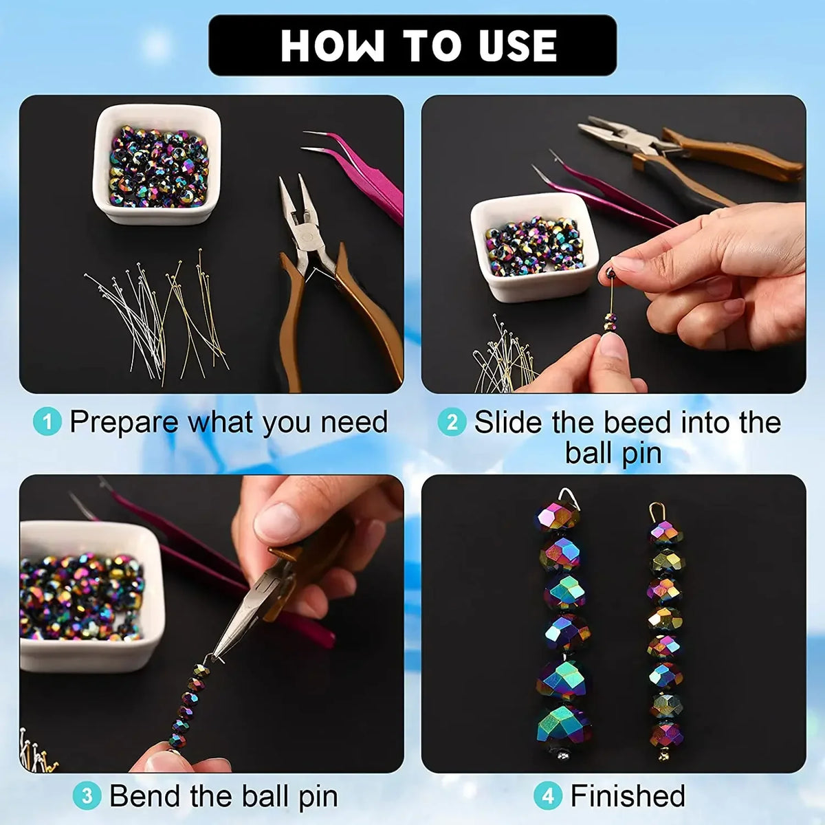 Instructions showing how to prepare, slide beads onto, bend the ball pin, and finish stainless steel ball head pins for jewel