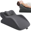 A gray memory foam wedge pillow is shown with a person using it for back support and leg elevation.