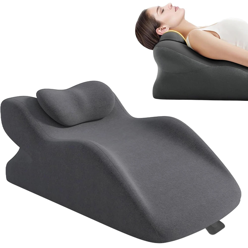 A gray memory foam wedge pillow is shown with a person using it for back support and leg elevation.