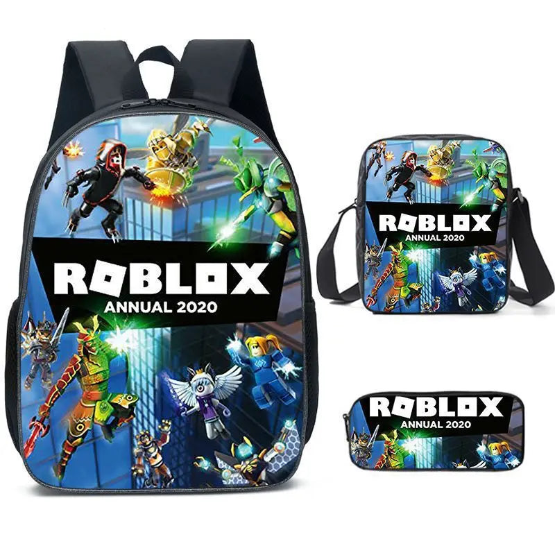 A black backpack featuring Roblox annual 2020 cartoon graphics and logos.