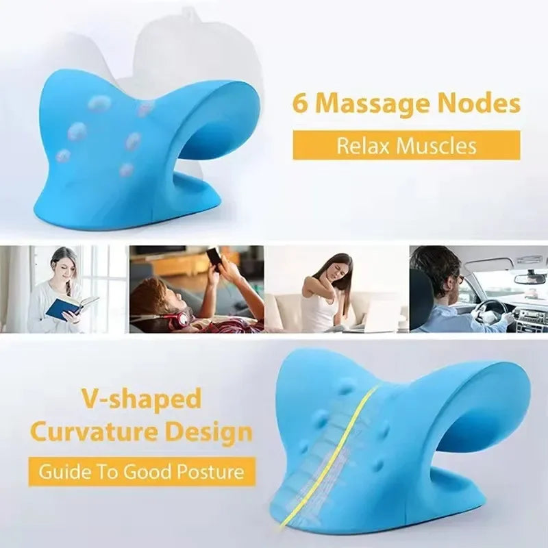 Blue V-shaped massage pillow with 6 massage nodes designed to relax muscles and guide good posture.