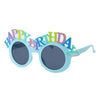 A pair of light blue sunglasses decorated with colorful birthday text for party decor.