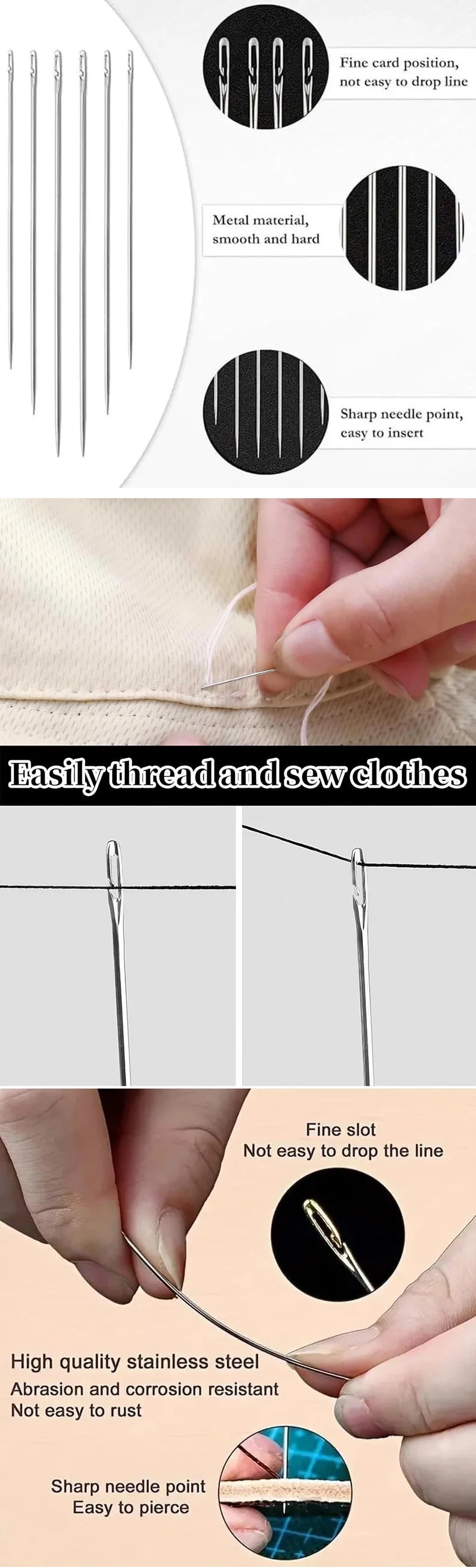 A set of precision sewing needles and a threading tool demonstrating how to easily thread and sew cloth.
