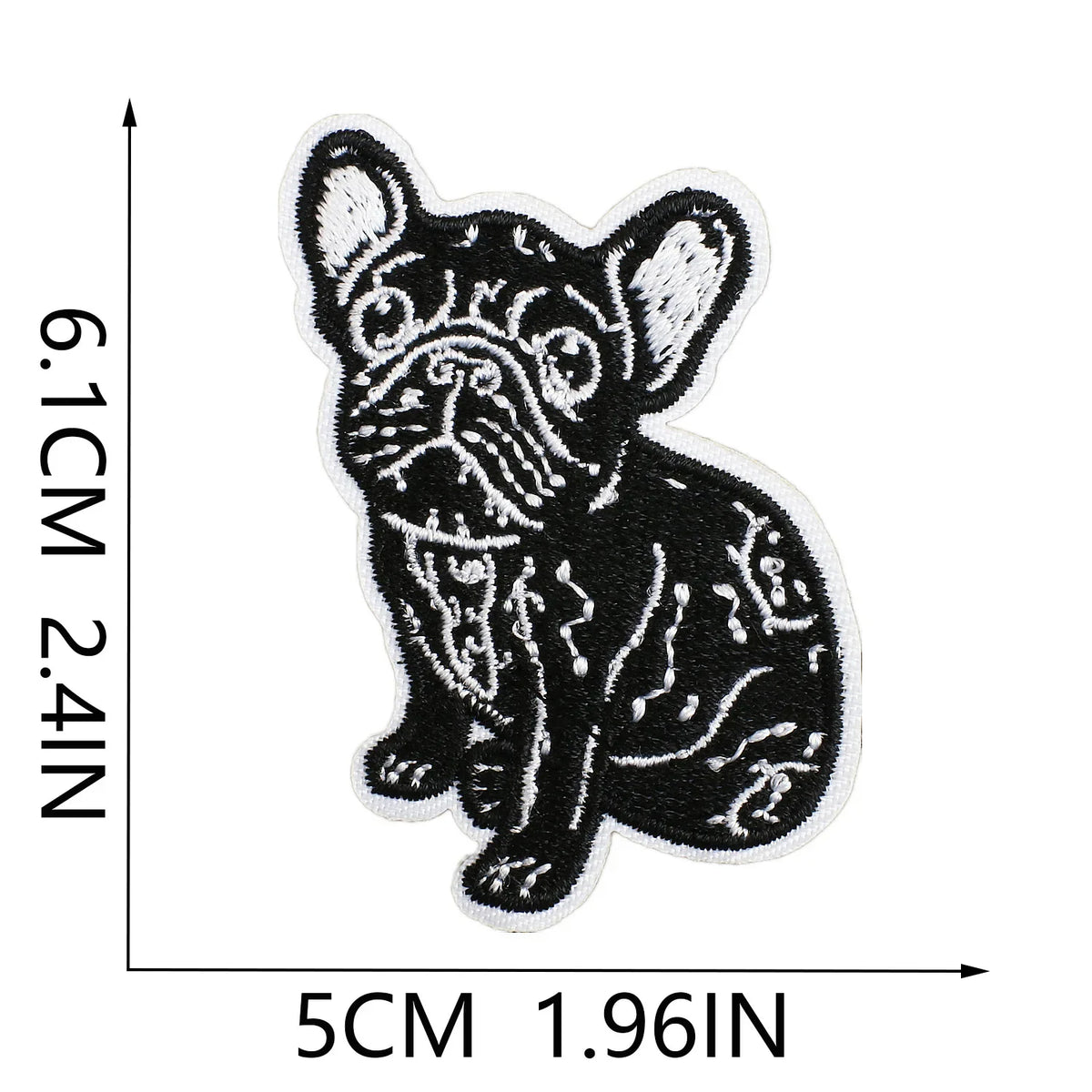 Black embroidered patch of a bulldog head and body on a white background.