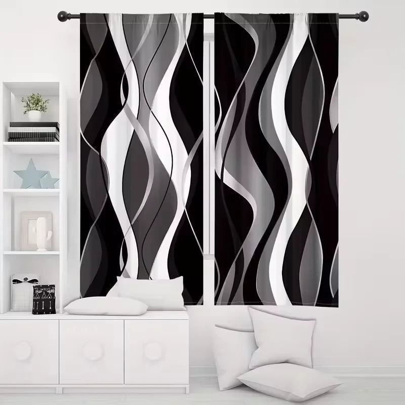 A set of two abstract wavy line curtains in black and white featuring light-filtering rod pocket panels.