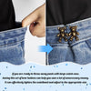 Close-up of bear button pins being used to adjust the waistband of blue denim jeans.