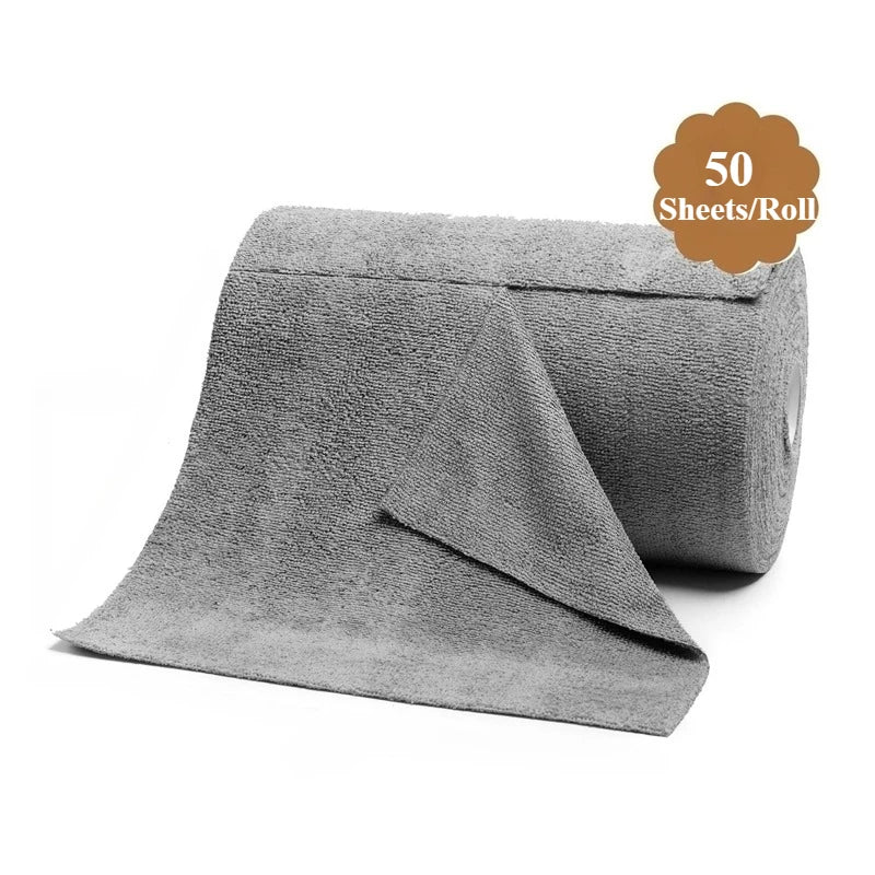 A roll of 50 sheets of gray reusable microfiber cleaning wipes.