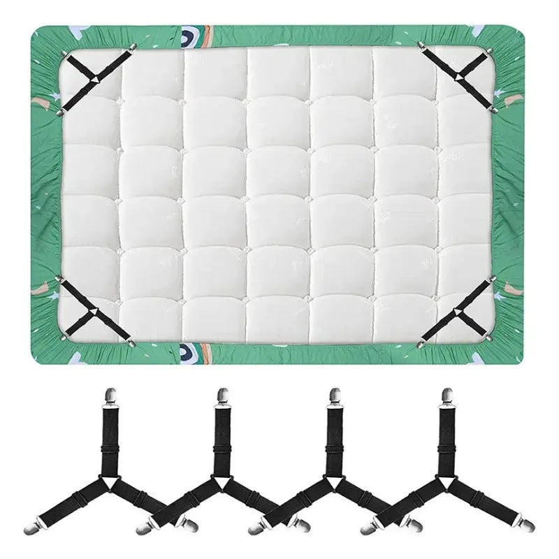 A set of four black adjustable bed sheet holder clips are shown, designed to secure sheets on a mattress.