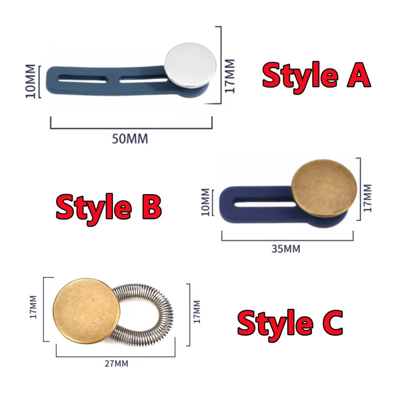 Three styles of metal button extenders for pants and jeans: Style A, Style B, and Style C.