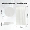 Comparison of a disposable compressed fiber face towel in its compressed and unfolded states.