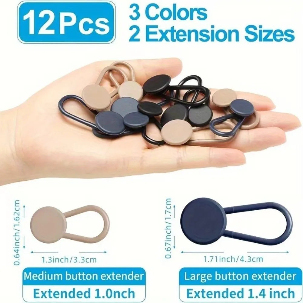 A hand holds a set of 12 metal button extenders in various colors and sizes for use with a waistband.