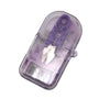 A clear plastic portable sewing kit containing thread and needles.