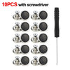 A set of 10 metal jeans button repair kits with screwdrivers shown in a white background.
