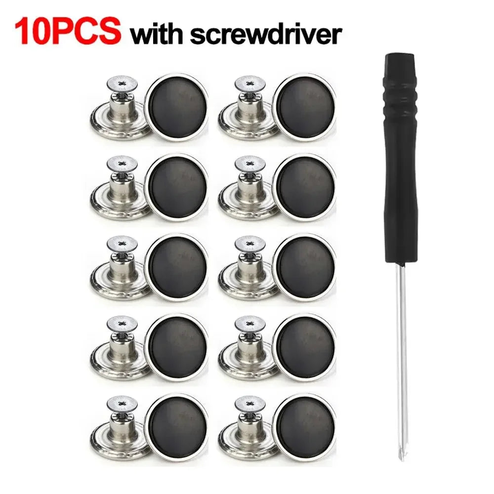 A set of 10 metal jeans button repair kits with screwdrivers shown in a white background.