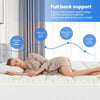 A person sleeping comfortably on a bed with a mattress protector, highlighting features like spine support and ankle relief.