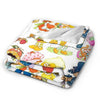 A soft and cozy plush throw blanket featuring a pattern of cute fruit characters like strawberries and oranges.