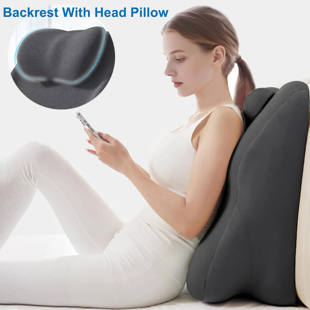 A woman is using a memory foam wedge pillow for back support and leg elevation.