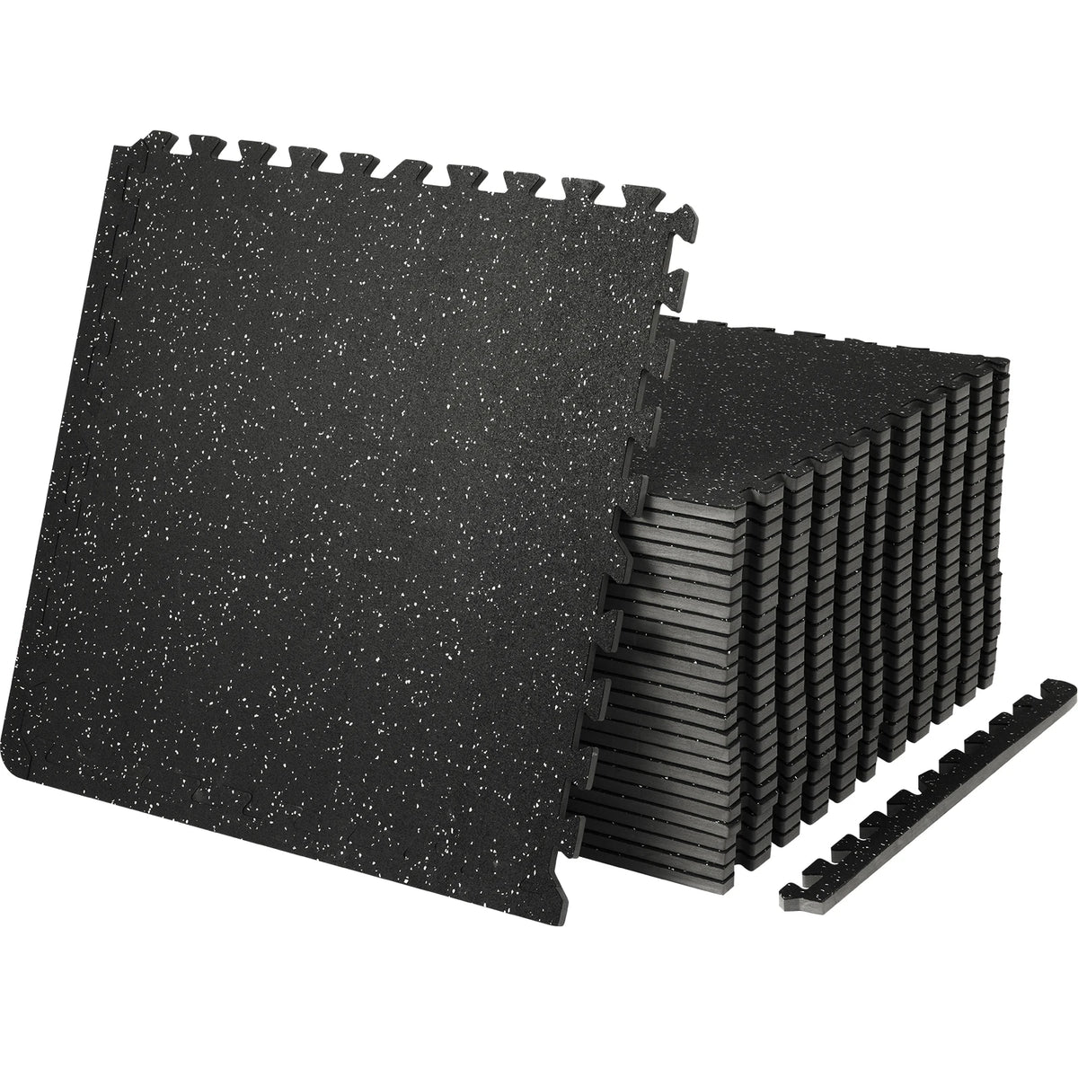 A stack of black interlocking thick fitness floor mats with individual mats lying beside them.