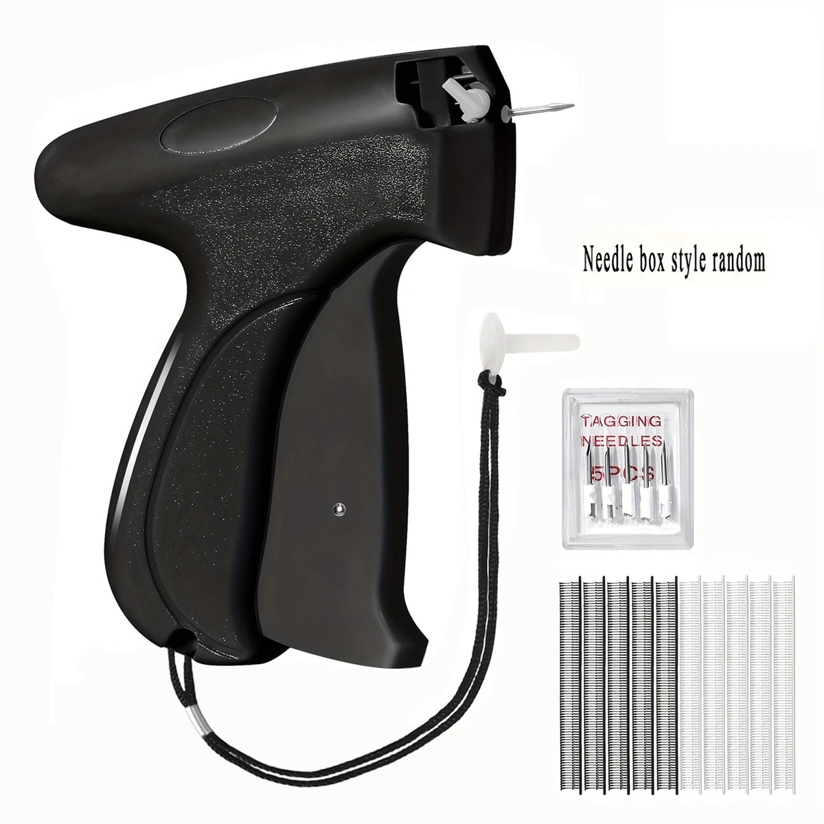 A black micro stitching gun with a needle box and several loose needles for garment repair.