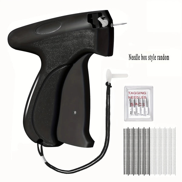 A black micro stitching gun with a needle box and several loose needles for garment repair.