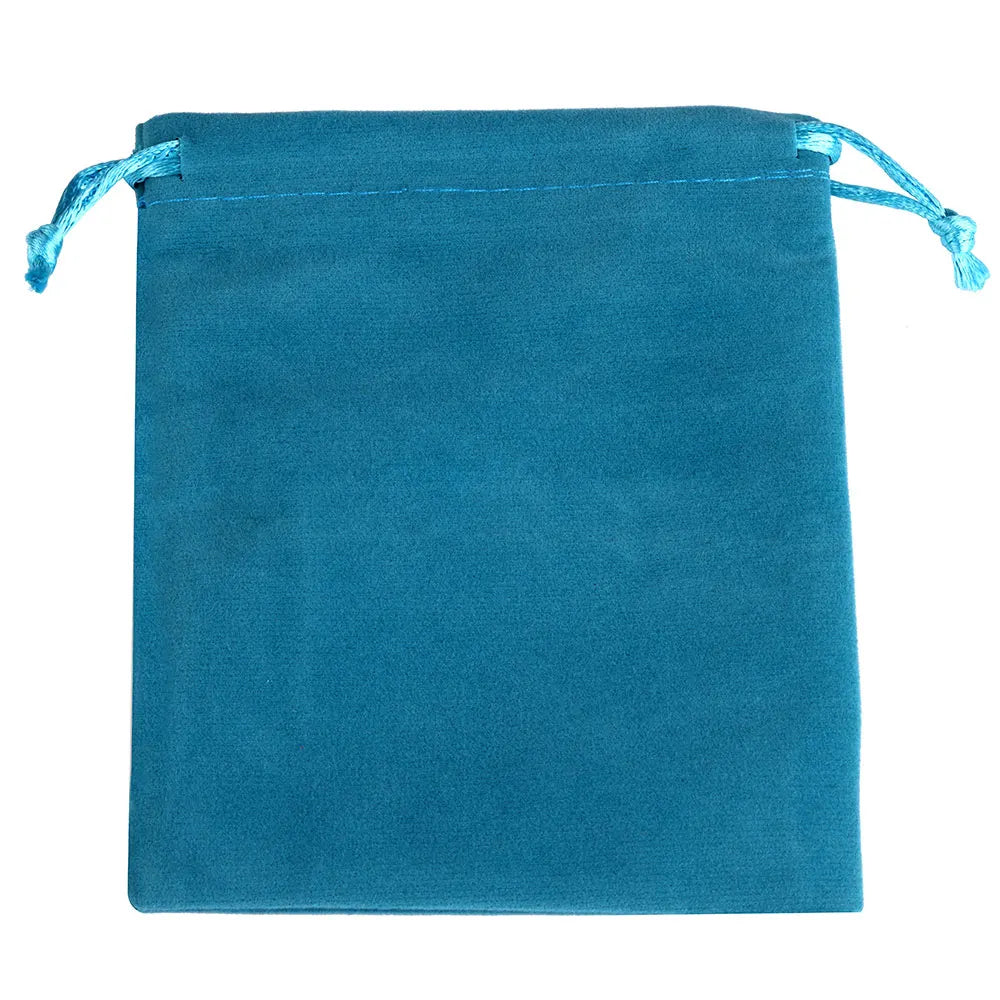 A teal velvet drawstring gift bag with light blue ties.