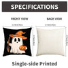 Front and back views of a single-side printed Halloween decoration pillow cover featuring a white ghost with an orange pumpki