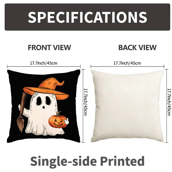 Front and back views of a single-side printed Halloween decoration pillow cover featuring a white ghost with an orange pumpki