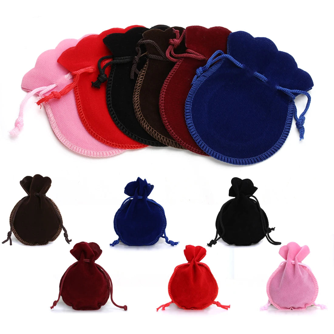 A set of ten velvet drawstring gift bags in various colors including pink, red, black, and blue.