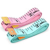 A set of two flexible body measuring tapes, one pink and one light blue, laid out for display.