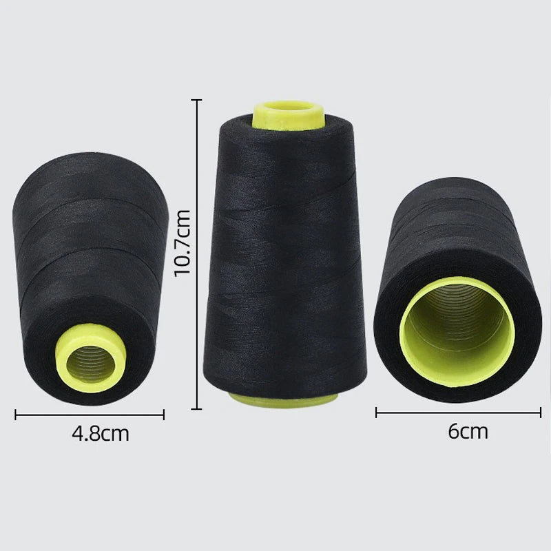 Three black sewing thread spools with yellow cores shown side by side.