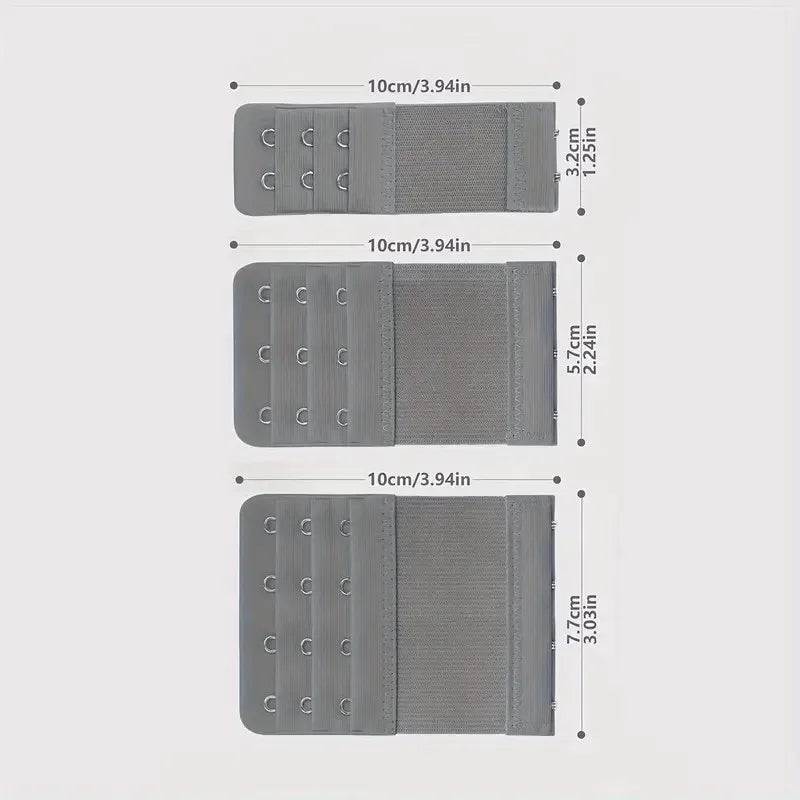 Three sizes of adjustable bra extenders shown side by side with measurements.