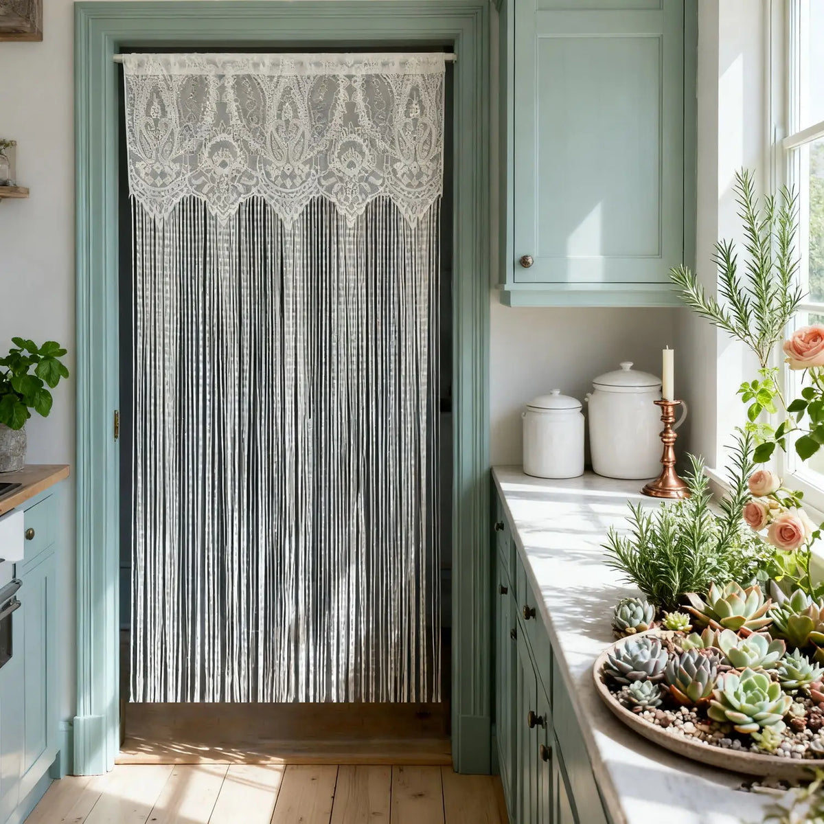 Vintage lace tassel door curtains in gray hanging on a light green door frame.