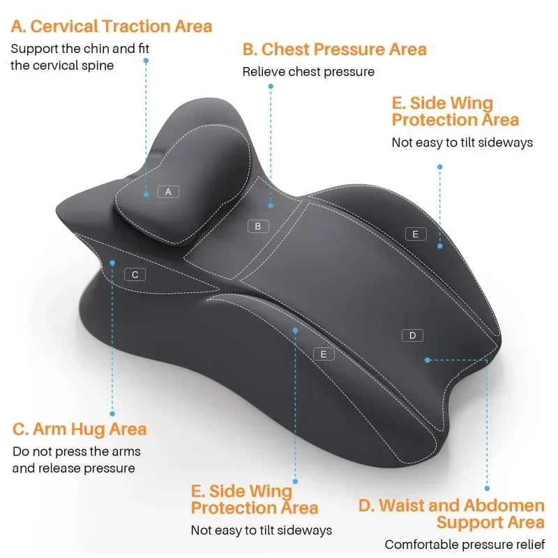 A black ergonomic memory foam wedge pillow showing various pressure relief areas on the body